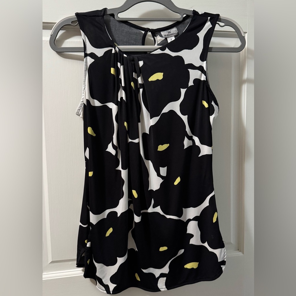 Worthington Pleated Front Black/Yellow/White Sleeveless Top 
(Size: Small)